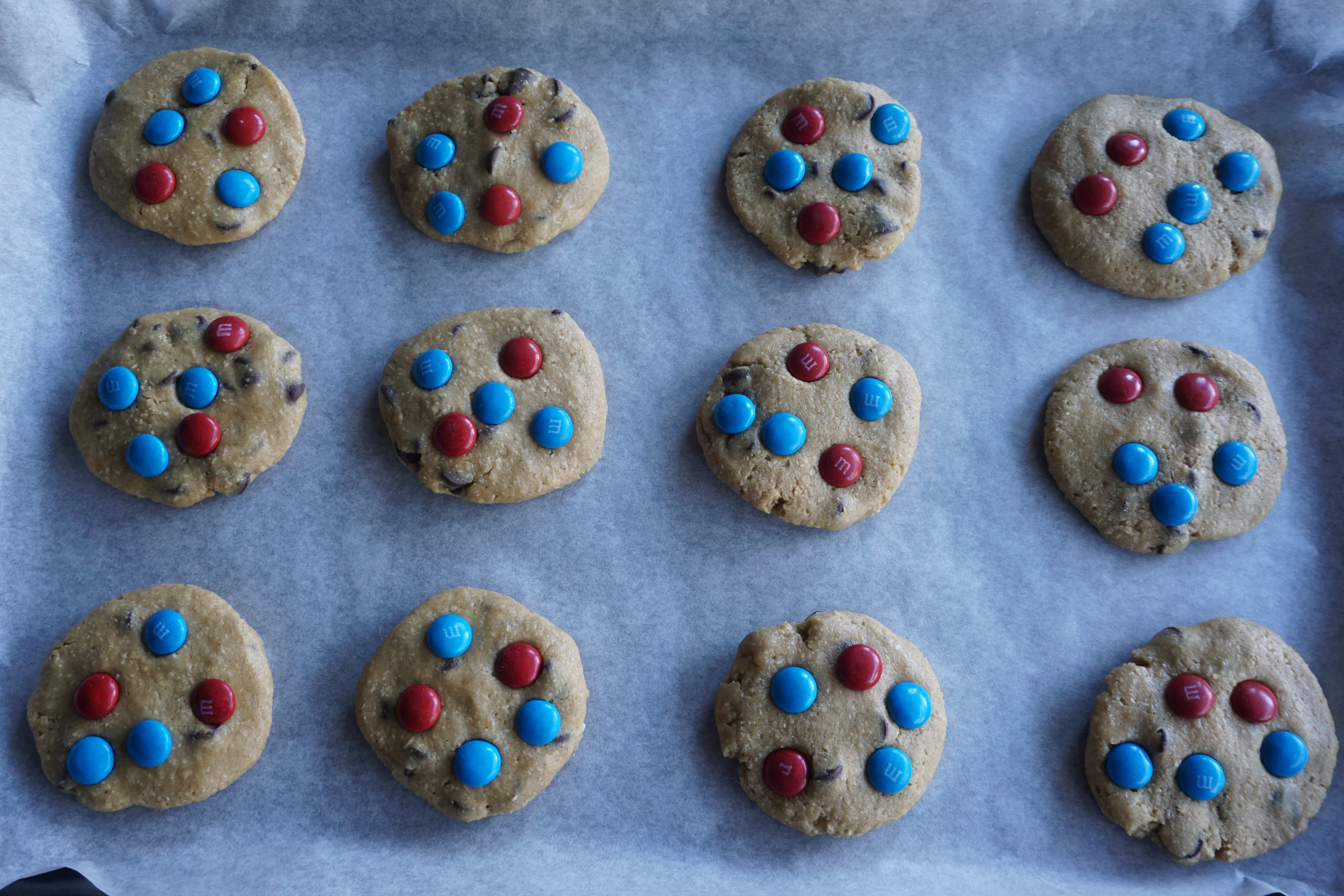 flattened cookies with M&Ms on top