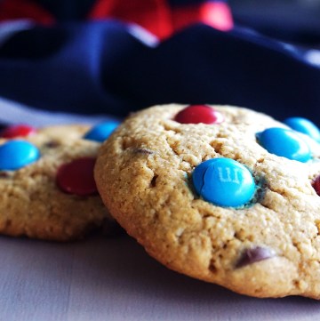 Cookies with red and blue M&Ms on top