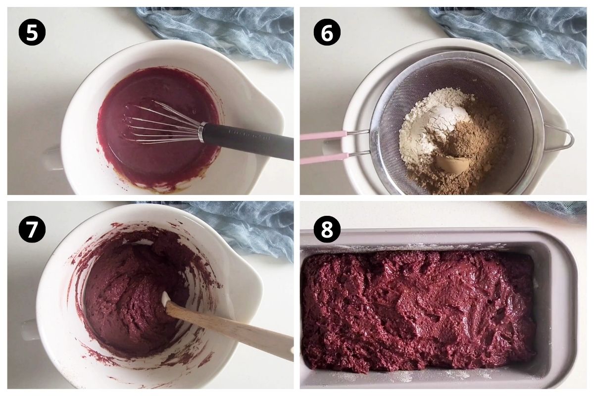 Four photos showing adding and mixing chocolate beet cake beet puree and dry ingredients to wet ingredients.