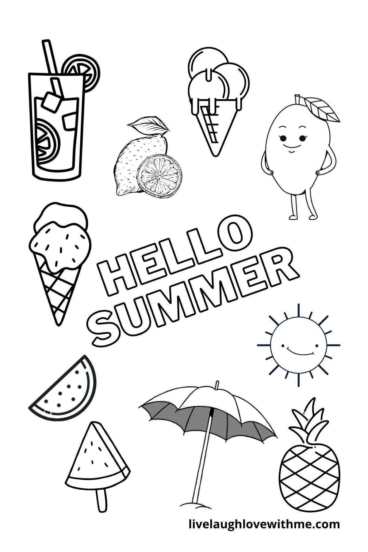 Hello summer sign, ice cream, mango, watermelon, umbrella and juice.