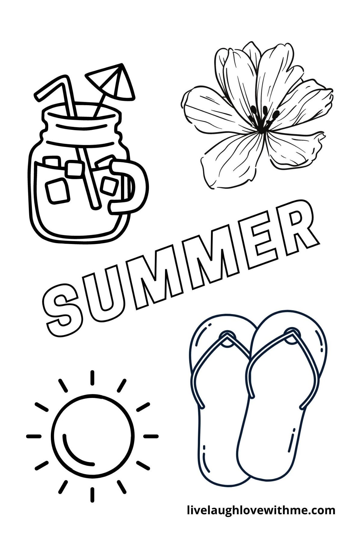 Summer sign with drink, flower, sun and flip flops.