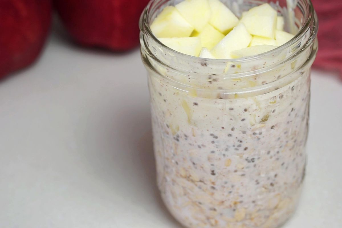Apple cinnamon overnight oats in a jar.