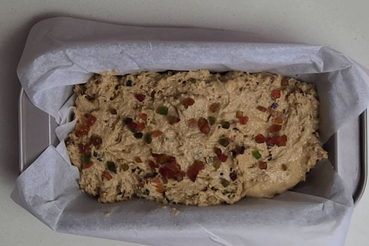 Final cake batter in loaf pan.