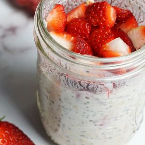 Strawberry oats in a jar.
