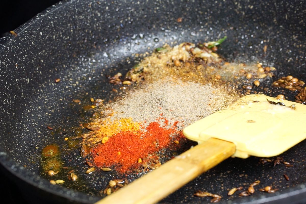 Spices added to the pan.